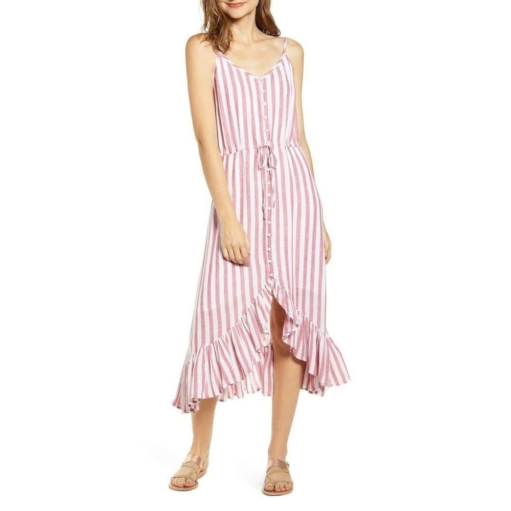 Rails Preppy European Frida Carmine Striped Linen High-Low Midi Sundress Sz XS